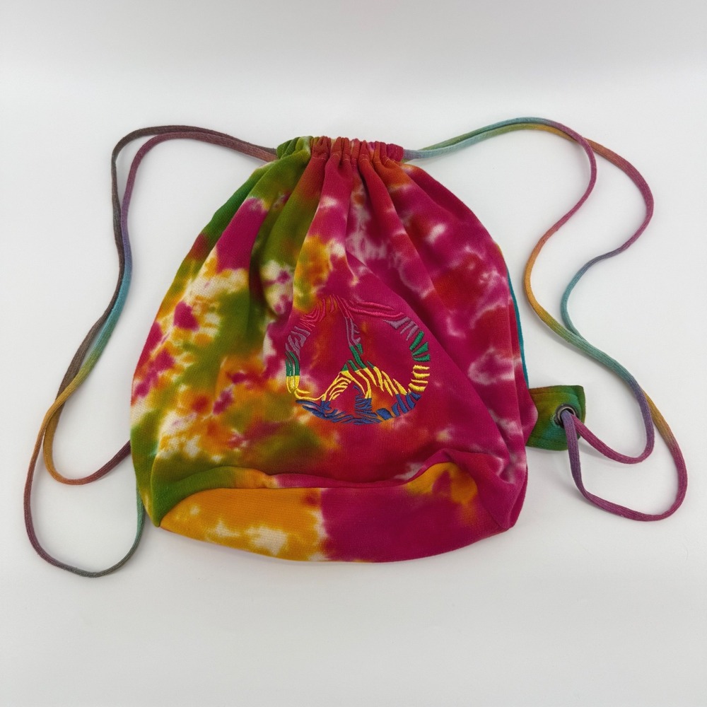 Vintage Kaufman Tie Dye Drawstring Backpack Peace Sign Embroidered Fleece Bag